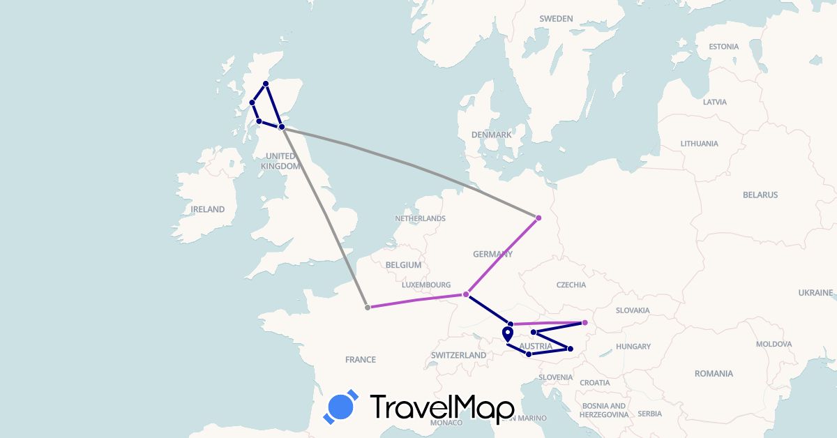 TravelMap itinerary: driving, plane, train in Austria, Germany, France, United Kingdom (Europe)
